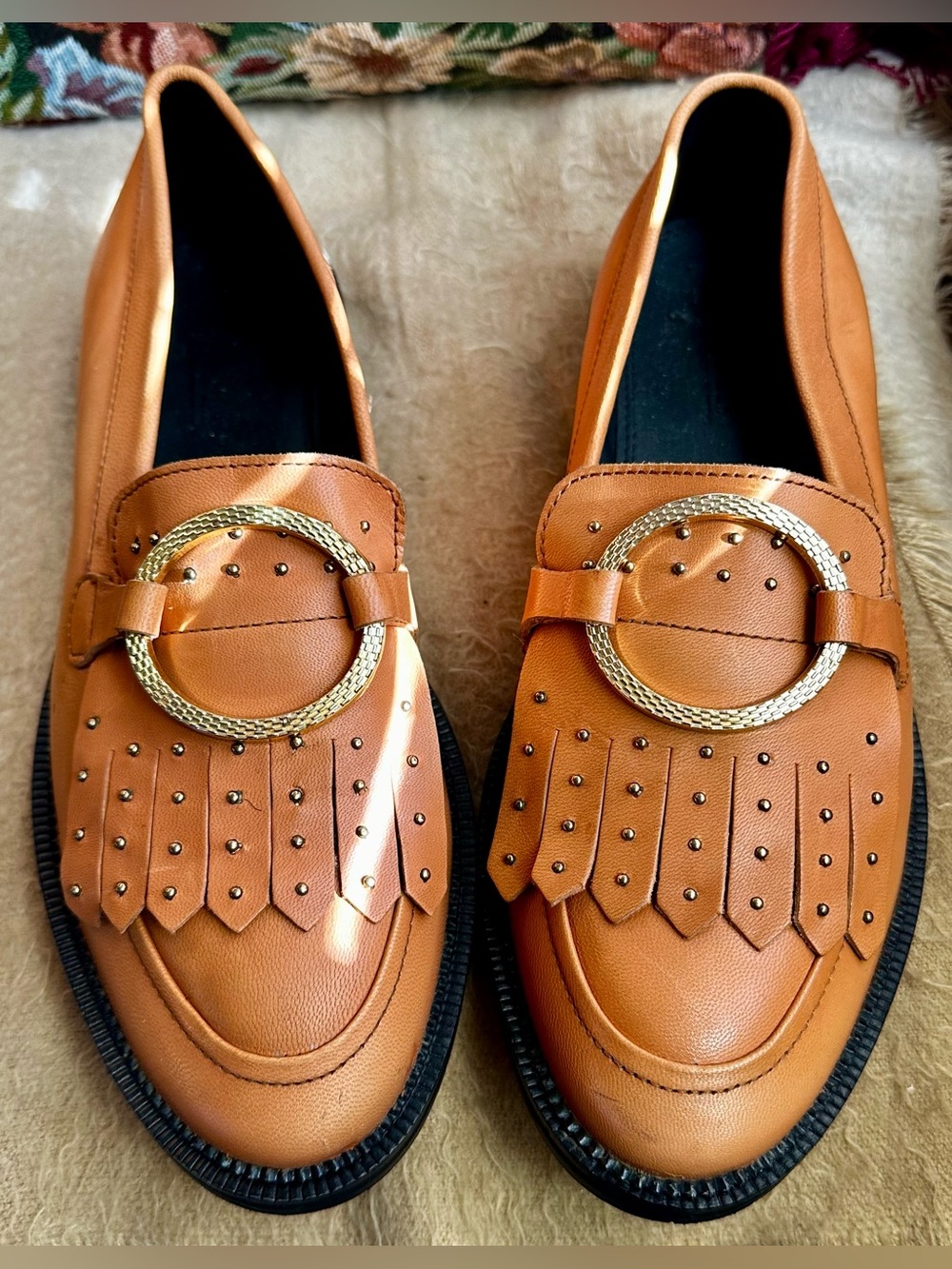 Asos Olly Brown Leather unisex Loafers featuring a fringed kiltie panel